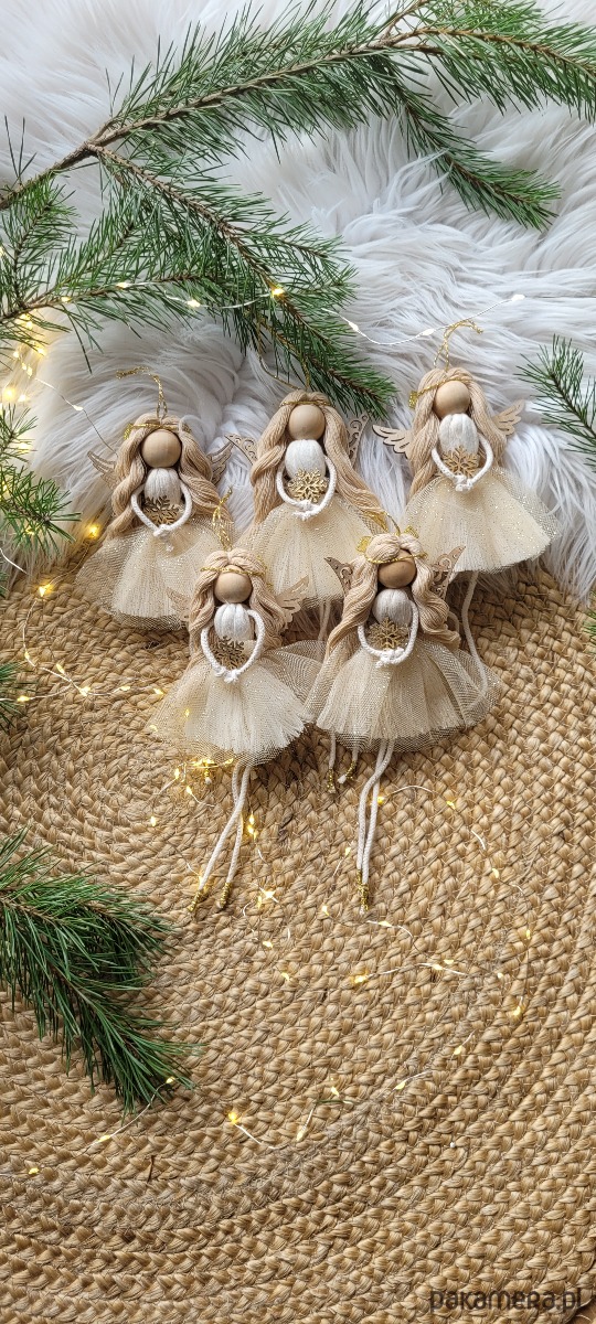 ozdoby choinkowe Świąteczny box aniołki na choinkę boho złote 5 sztuk 1