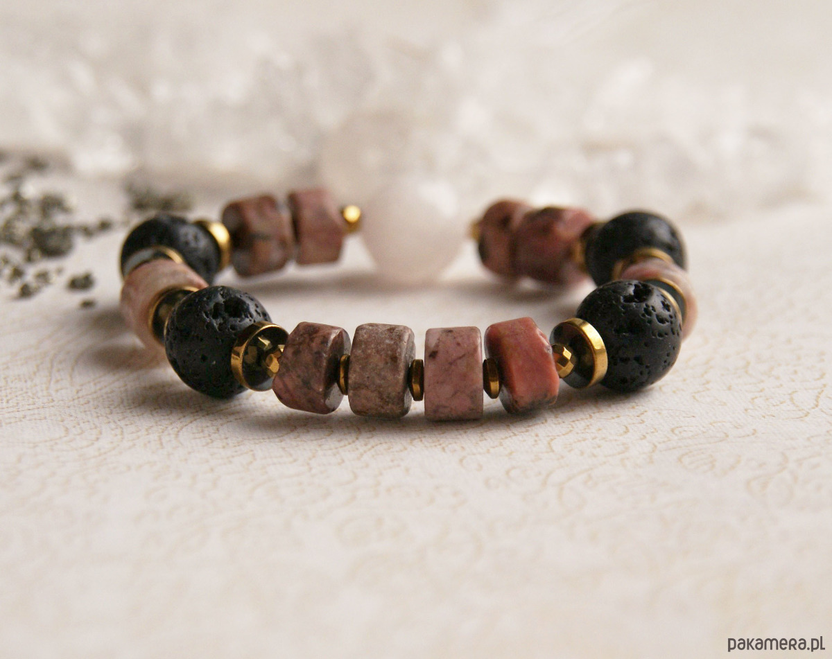 bransoletki z kamieni naturalnych MIŁOŚĆ, ENERGIA - unikatowa bransoleta - kwarc, rodonit, lawa 2