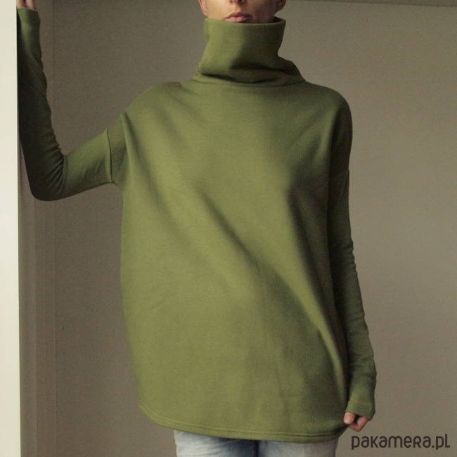 bluza bez kaptura damska Wąski rękaw Golf Oliwka 1