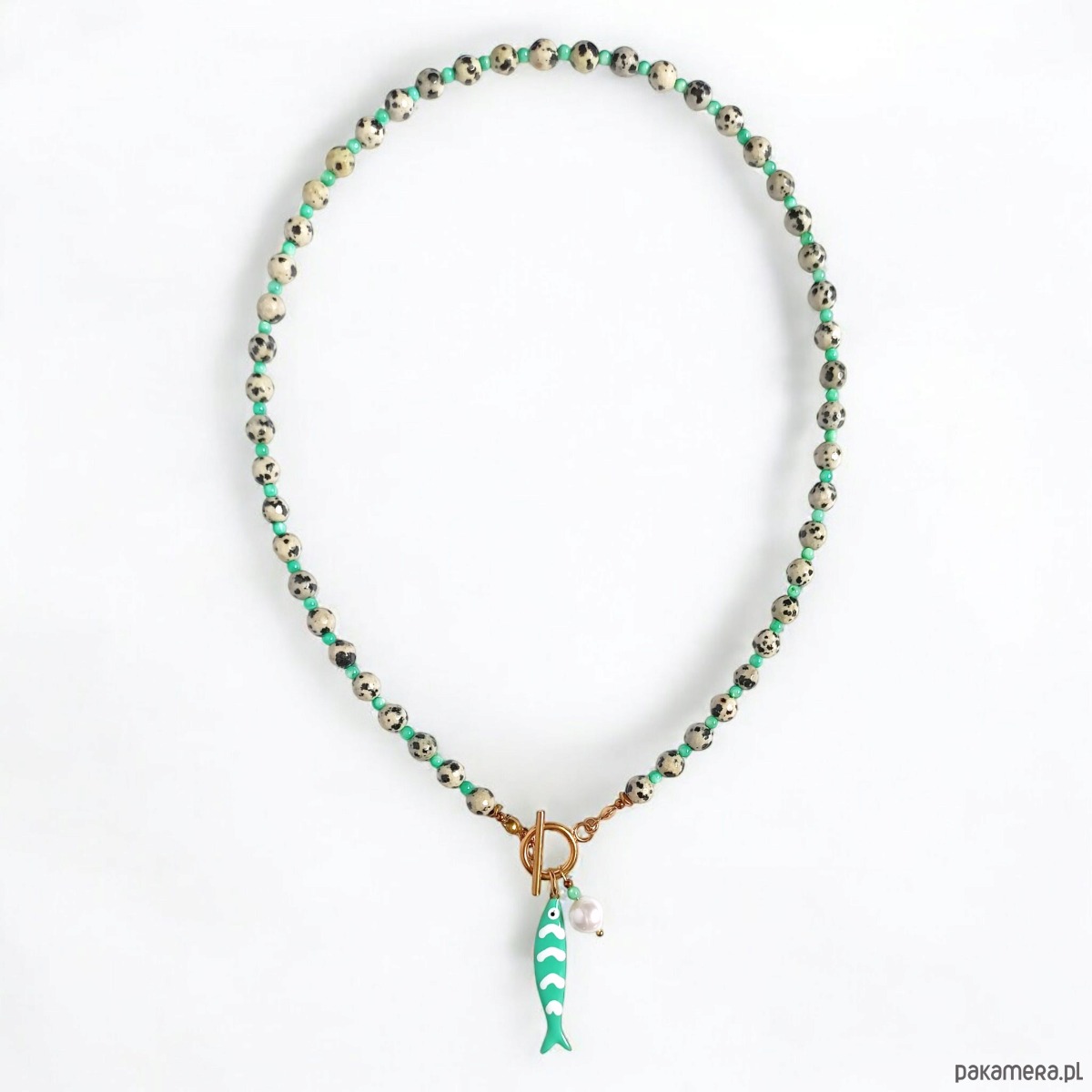 chokery Naszyjnik z rybką : jaspis dalmatyński, masa perłowa, perła 1