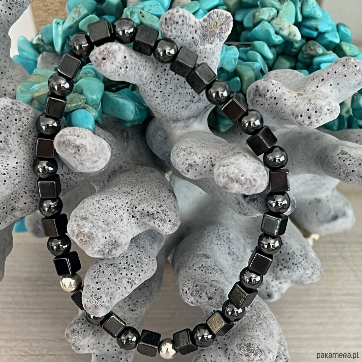 biżuteria męska MĘSKA Bransoletka z naturalnymi kamieniami-  hematyt i srebro na gumce 1