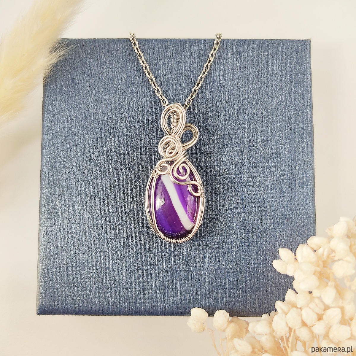 wisiory Naszyjnik Agat Fioletowy stal chirurgiczna wisiorek handmade wirewrapping 1