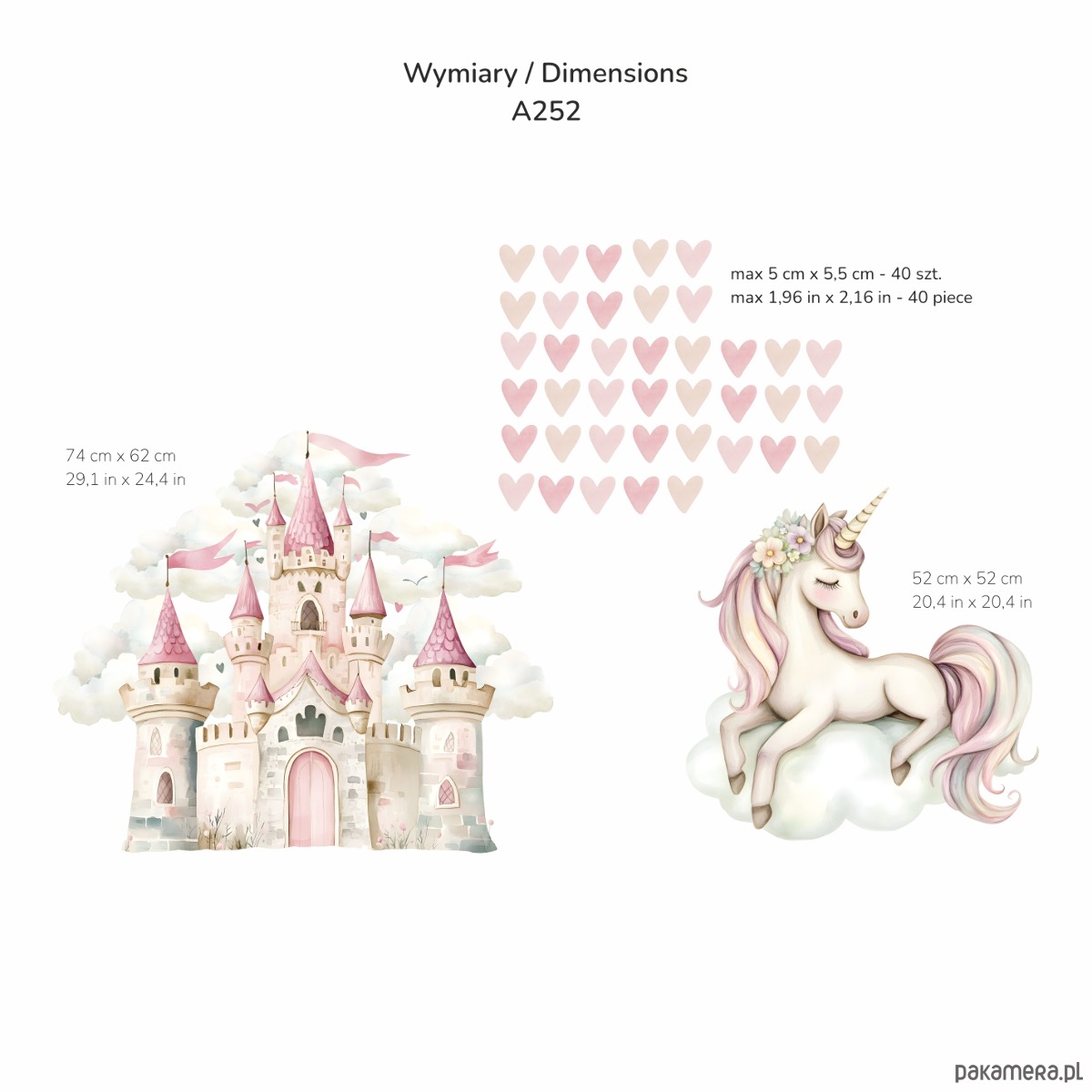 naklejki ścienne do pokoju dziecka Naklejki ścienne dla dzieci Zamek, Jednorożec i serduszka A252 1