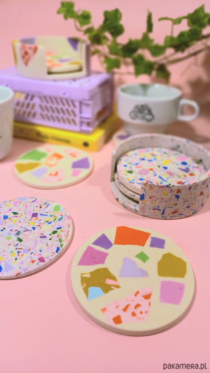 podkładki do kuchni Kolorowa podkładka pod kubek, zestaw, organizer, biała, małe lastryko, 9 cm 3