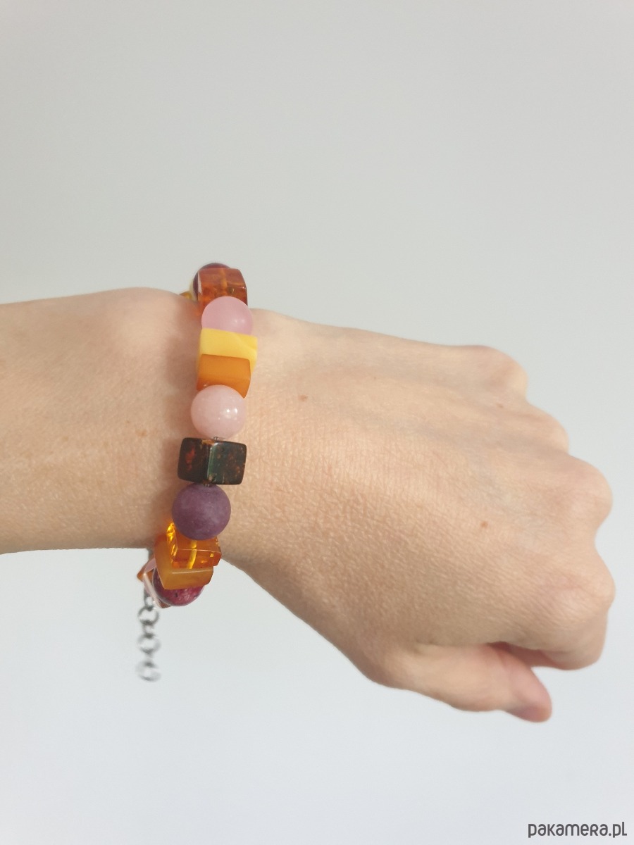 bransoletki z kamieni naturalnych Bransoletka SZASZŁYK bursztyn, jadeit, bordo róż 4