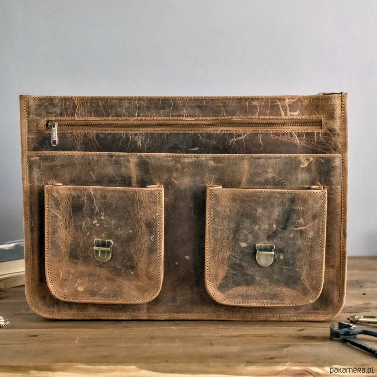 torby i nerki męskie Belveder Brązowa Torba do Pracy z kieszeniami Skóra Buffalo Vintage MB44 5