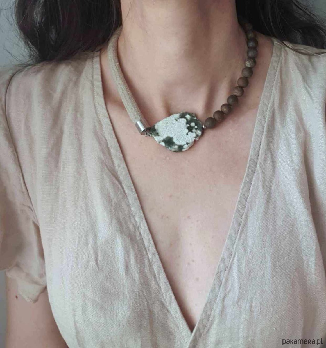 kolie Naszyjnik MOON jaspis oceaniczny, bronzyt, lniany sznur 2