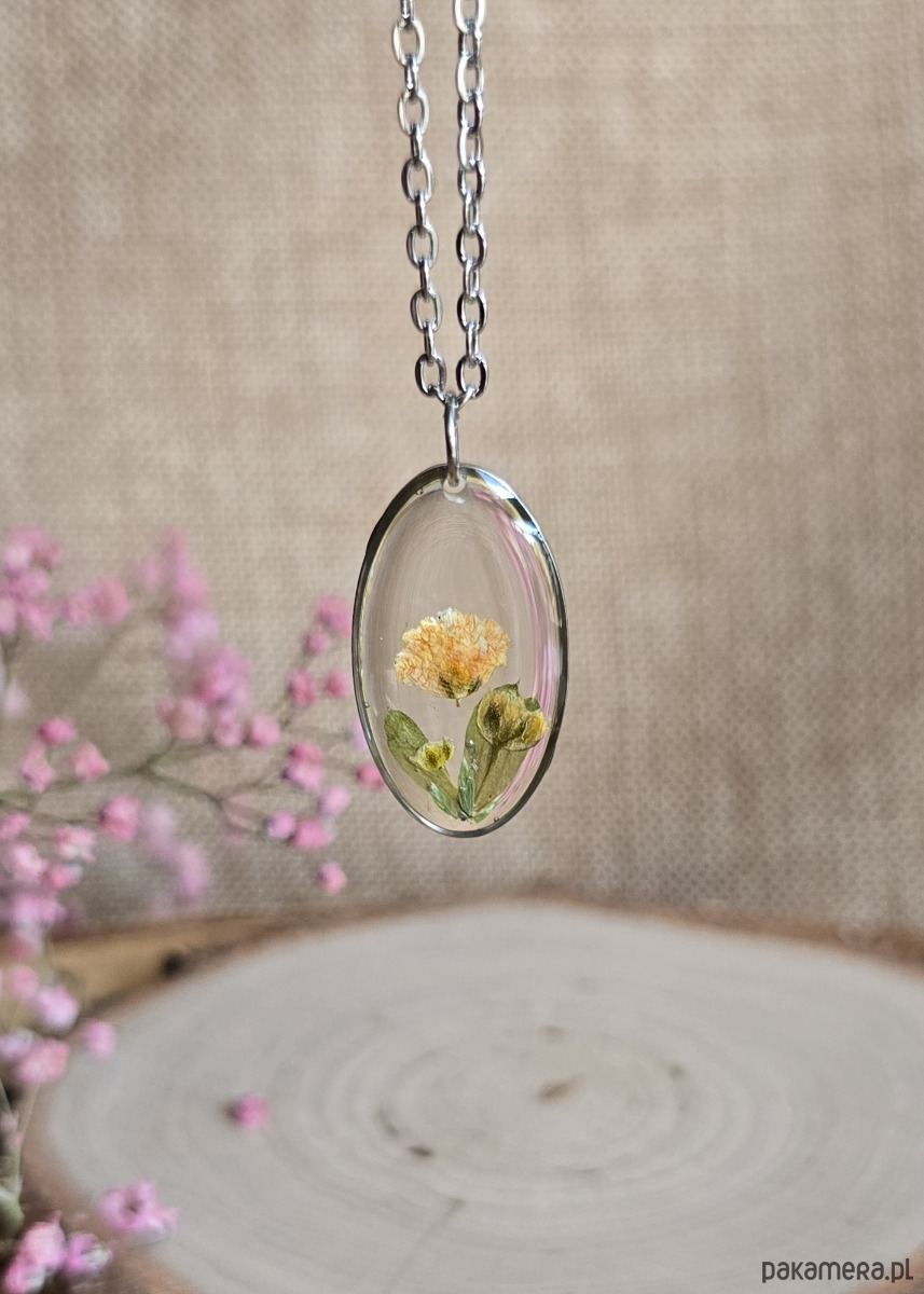 wisiory Srebrna zawieszka jajowata suszone kwiaty żółta gipsówka 1
