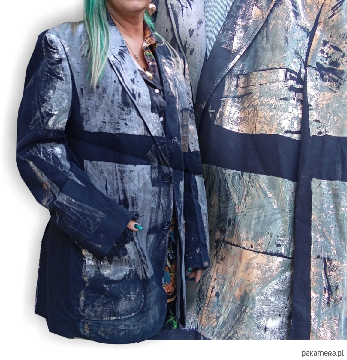 marynarki damskie Upcyclingowa marynarka z ręcznym nadrukiem UV  1