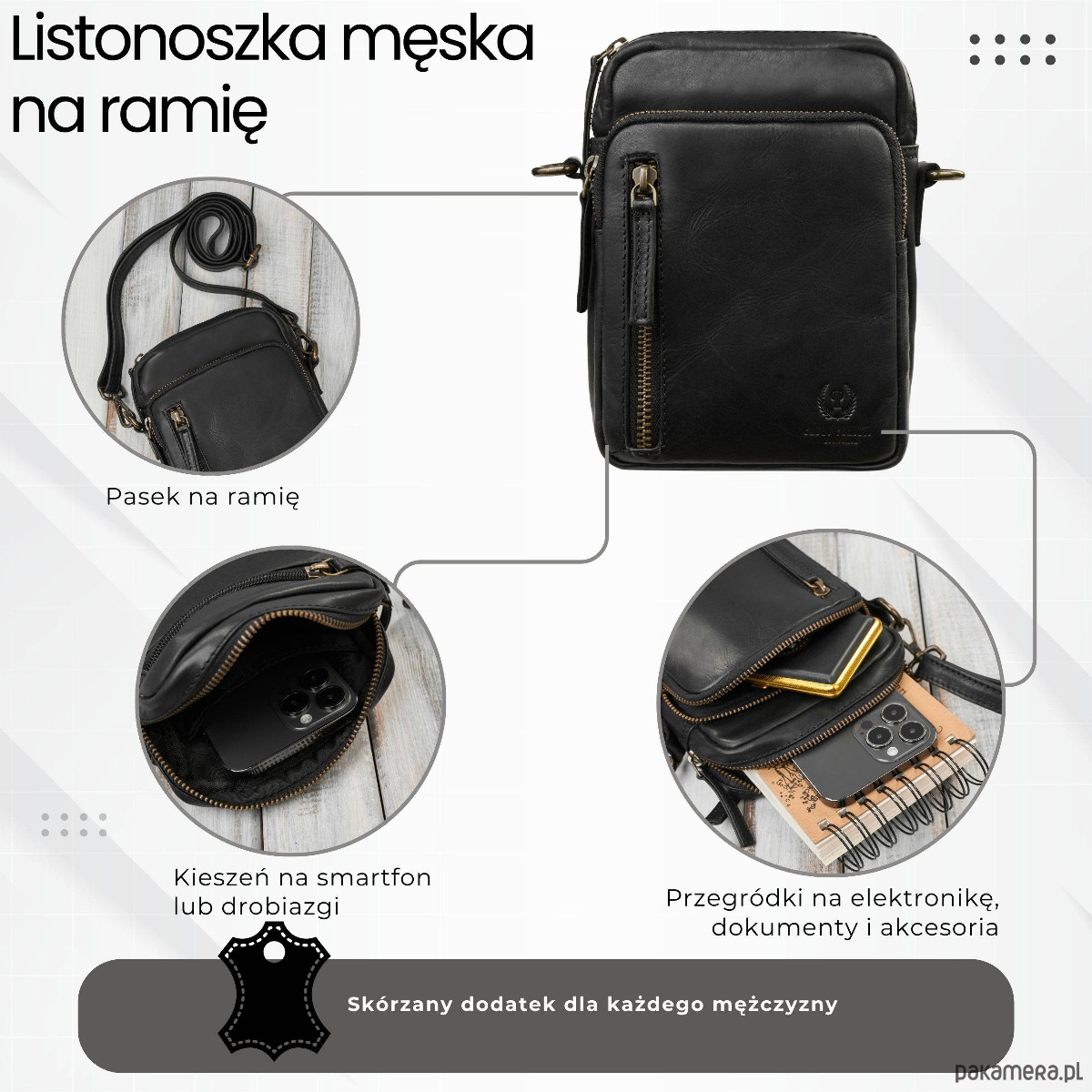 torby i nerki męskie Saszetka męska skórzana na ramię czarna mała funkcjonalna IM-02-BL 1