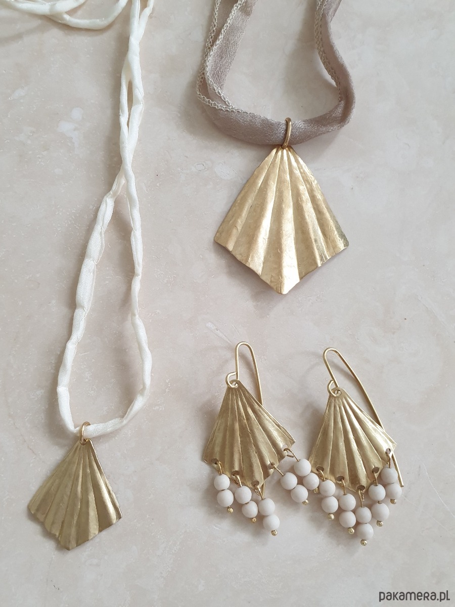 kolczyki z kamieniami Kolczyki ORIGAMI wachlarze, jaspis river, mosiądz surowy 5