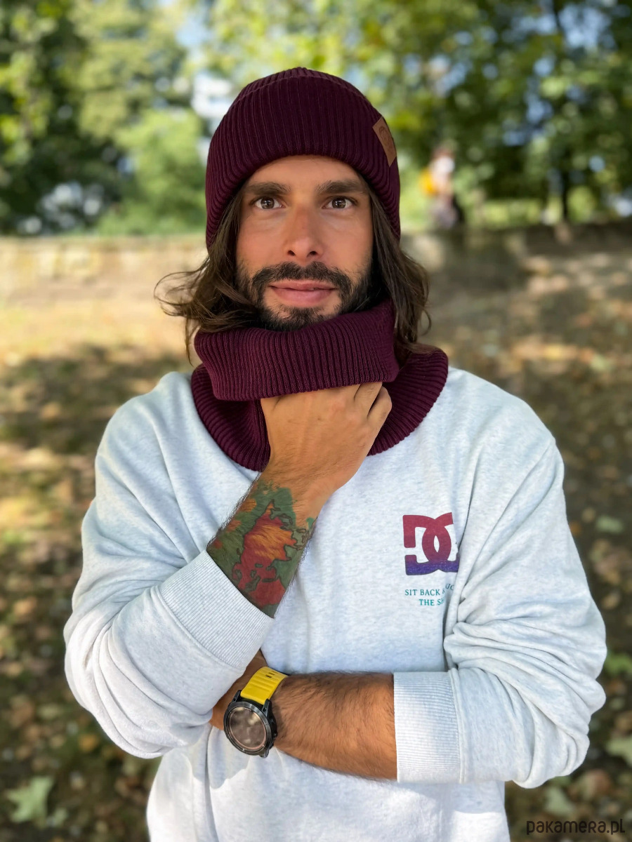 czapki i kapelusze męskie Męska bawełniana czapka beanie logo ekoskórka Bordo 4