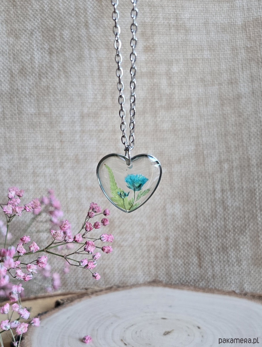 wisiory Srebrny wisiorek kwiaty serce serduszko niebieskie kwiaty paproć 1