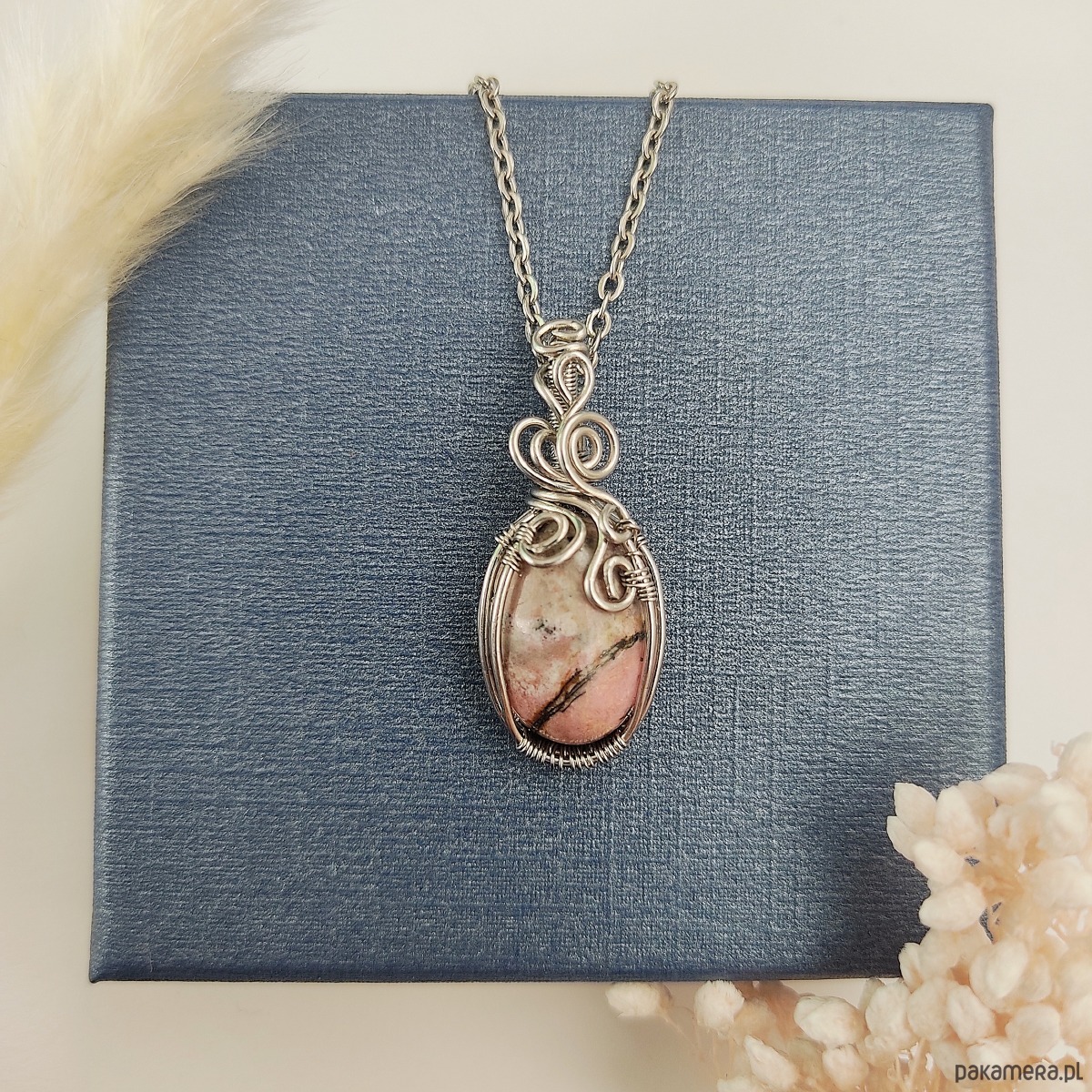 wisiory Naszyjnik Rodonit stal chirurgiczna wisiorek handmade wirewrapping 1