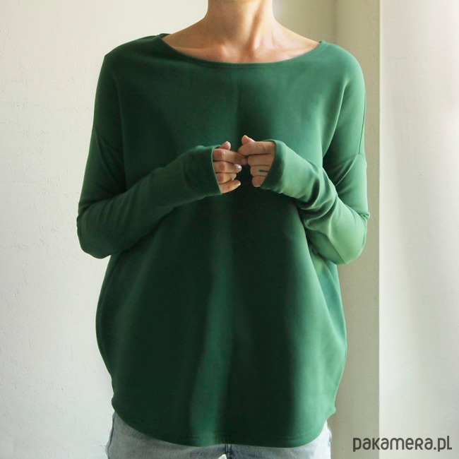 bluza bez kaptura damska Gruby Wąski rękaw Ciemno zielony 1