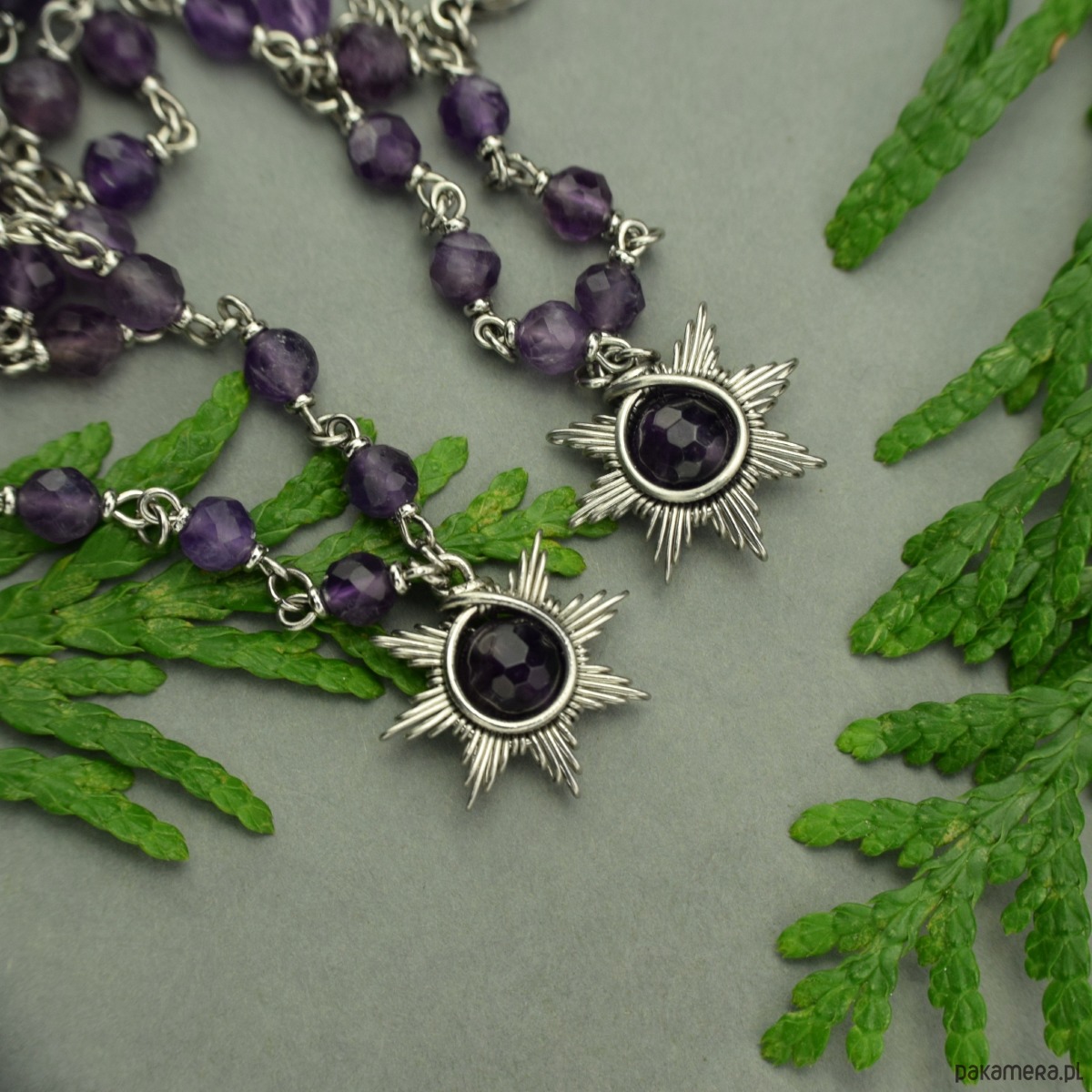 wisiory Naszyjnik słoneczko ametysty wire wrapping słońce gwiazdka gwiazda 4