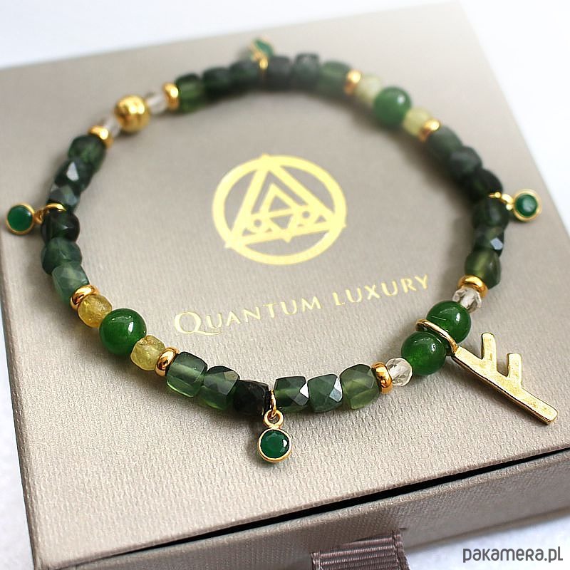 bransoletki z kamieni naturalnych Dobrostan - tsaworyt, cytryn, jadeit, pozłacana runa Fehu 1