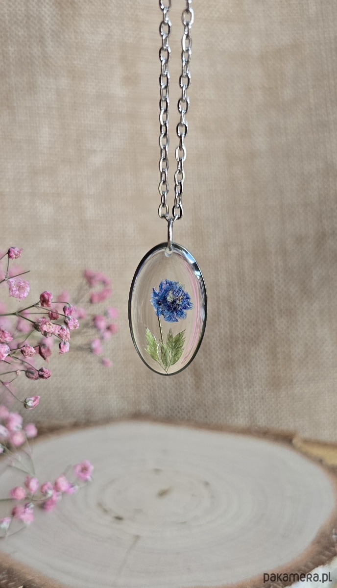 wisiory Srebrna zawieszka jajowata suszone kwiaty niebieska gipsówka 1