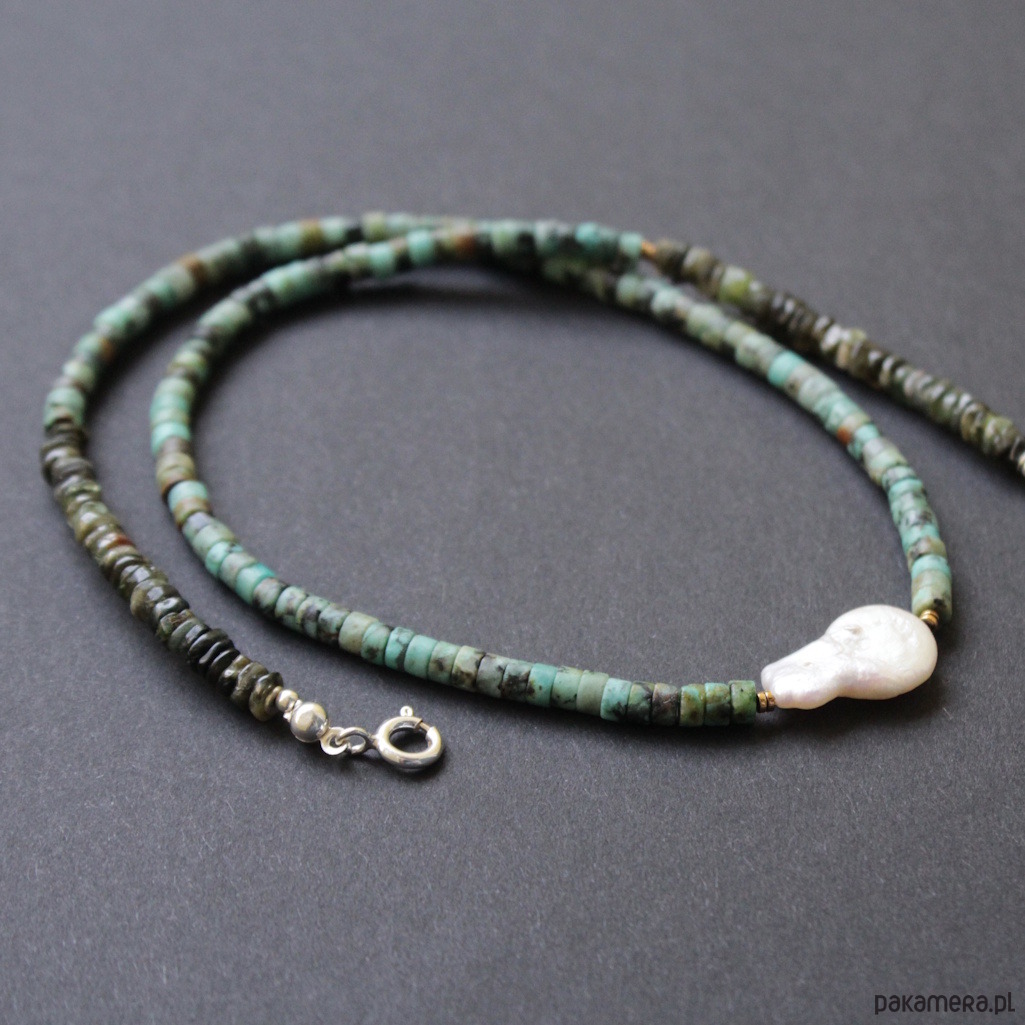 srebrne naszyjniki Naszyjnica z turkusem, zielonym turmalinem i perłą 8