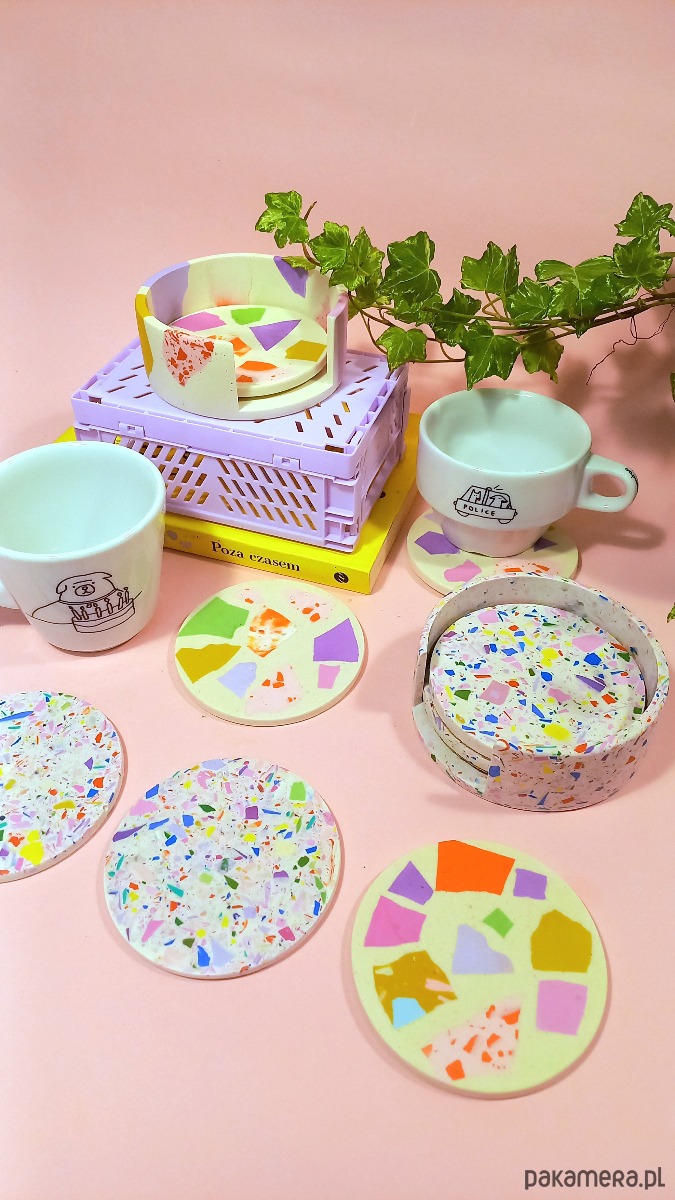 podkładki do kuchni Kolorowa podkładka pod kubek, zestaw, organizer, różowa, duże lastryko, 9 cm 2