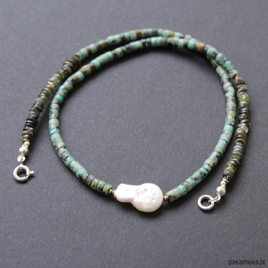 srebrne naszyjniki Naszyjnica z turkusem, zielonym turmalinem i perłą 6