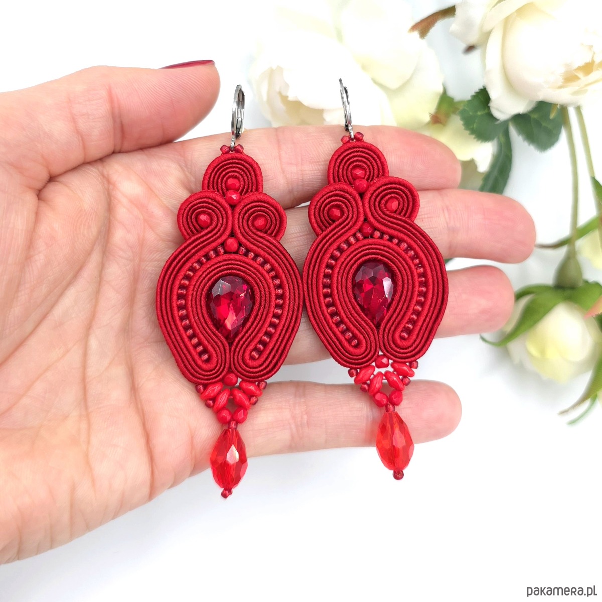 kolczyki soutache Kolczyki sutasz czerwone Verra eleganckie wieczorowe z kryształkami 1