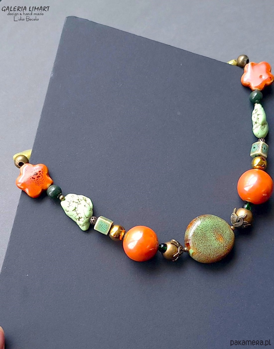 korale Elegancko i unikatowo Naszyjnik w kolorach jesieni z ceramiki i howlitu Prezent 6