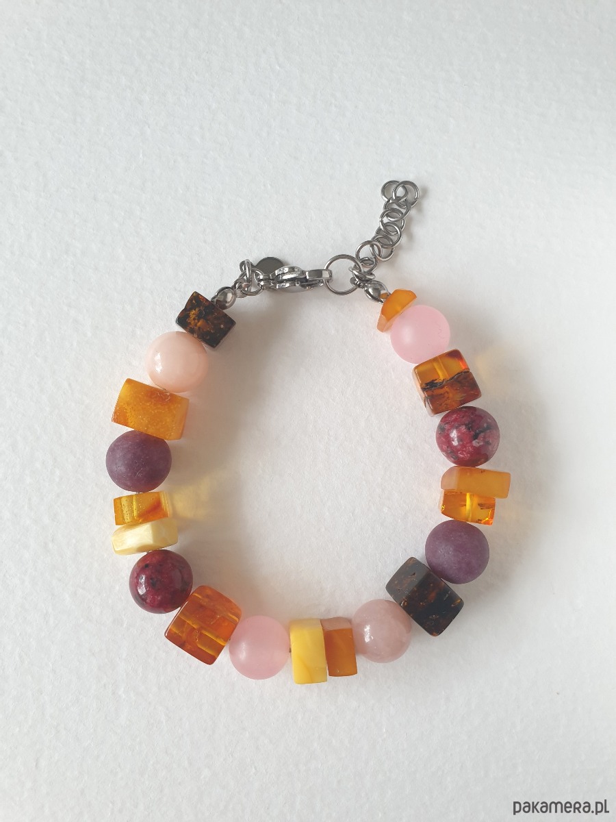 bransoletki z kamieni naturalnych Bransoletka SZASZŁYK bursztyn, jadeit, bordo róż 2