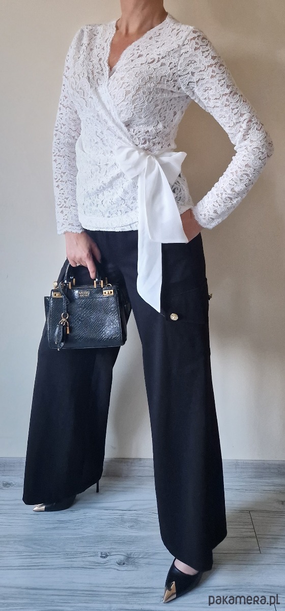 bluzki z długim rękawem damskie Elegancka bluzka z koronki ecru z kokardą roz 34-56 4