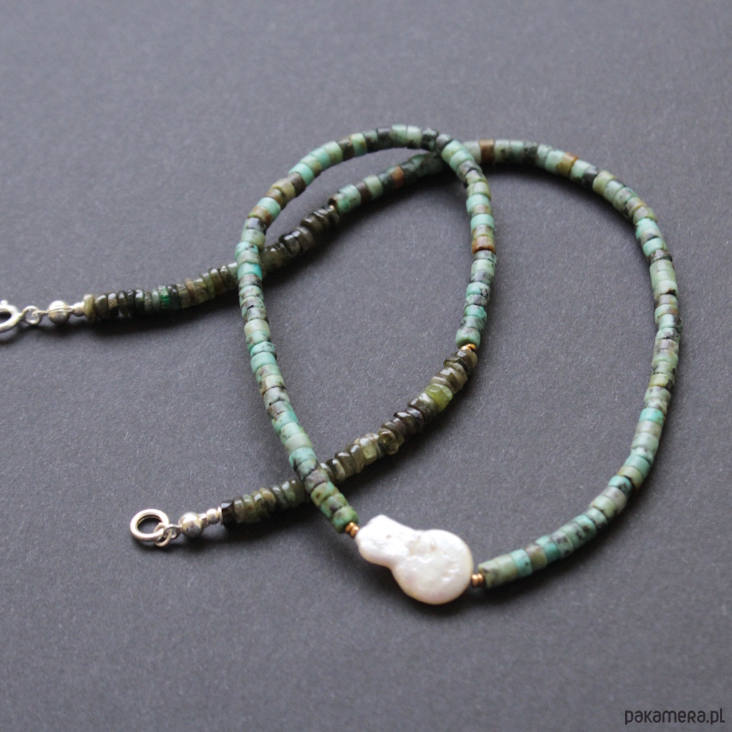 srebrne naszyjniki Naszyjnica z turkusem, zielonym turmalinem i perłą 5