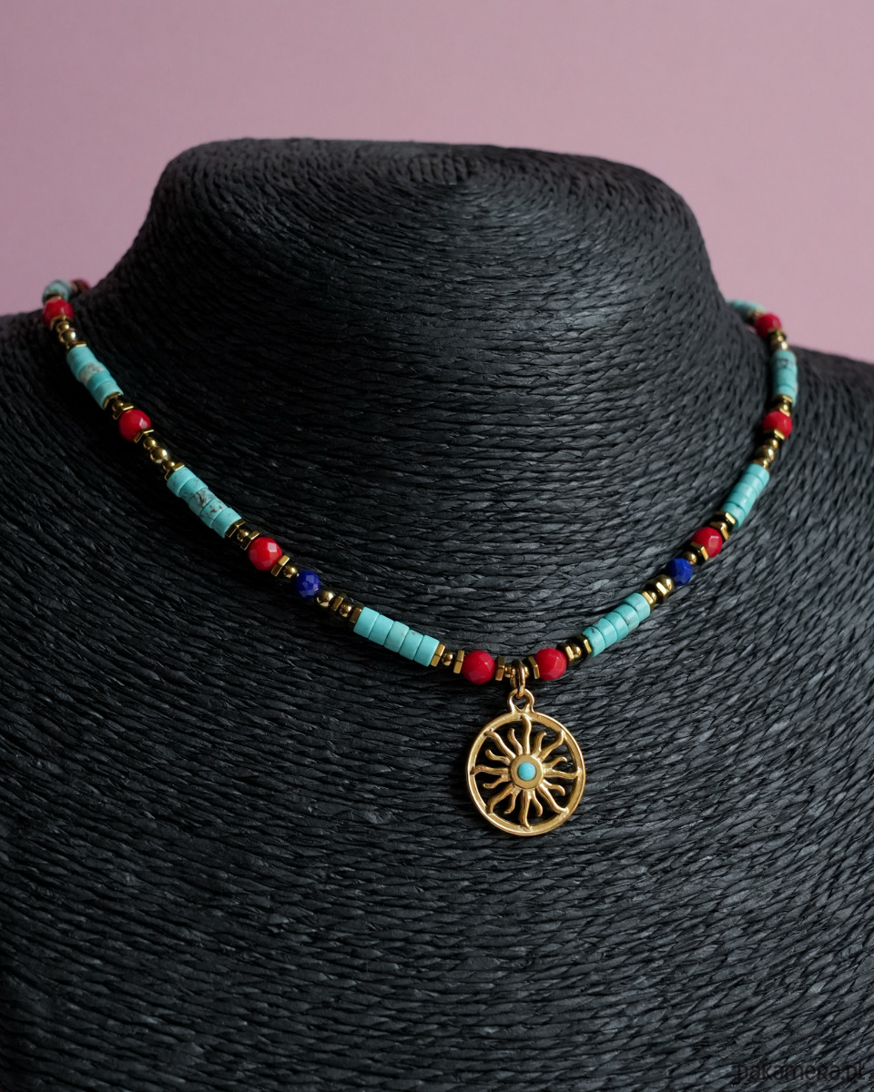 chokery Kolorowy naszyjnik boho z magnezytem, koralem i słońcem 4