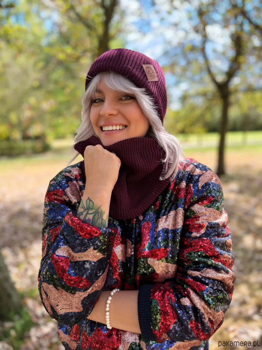 czapki damskie Bawełniana czapka beanie logo ekoskórka Bordo 5