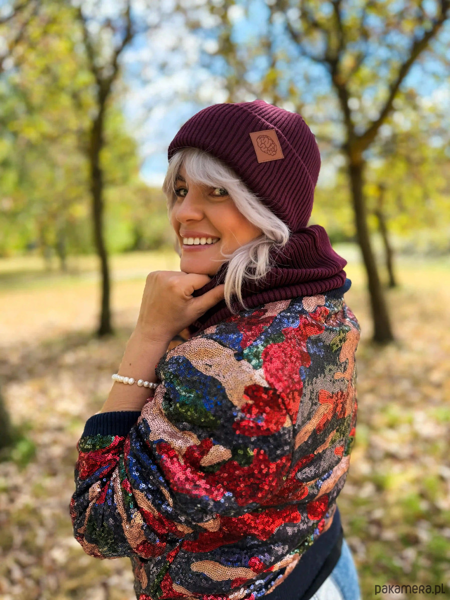 czapki damskie Bawełniana czapka beanie logo ekoskórka Bordo 3