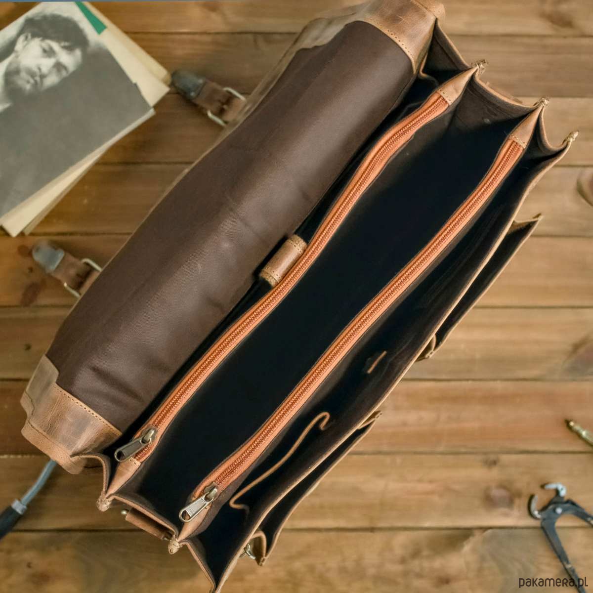 torby i nerki męskie Belveder Brązowa Torba do Pracy z kieszeniami Skóra Buffalo Vintage MB44 7