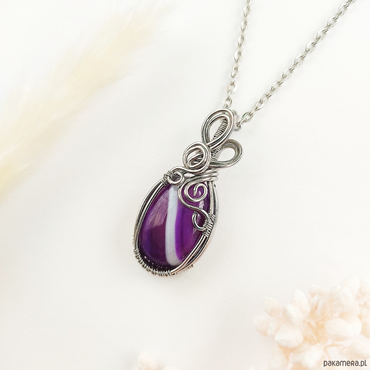 wisiory Naszyjnik Agat Fioletowy stal chirurgiczna wisiorek handmade wirewrapping 3
