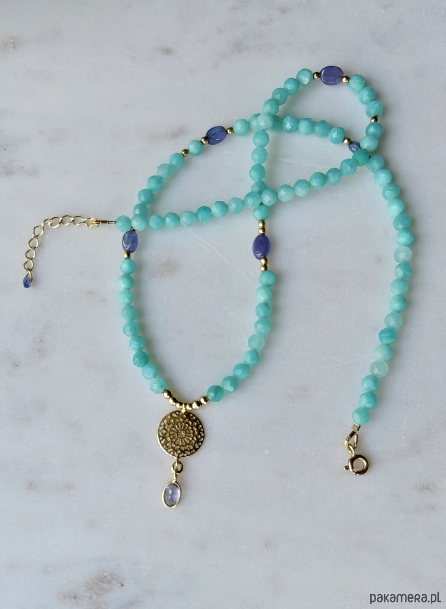 złote naszyjniki Lśniący tanzanit z amazonitami, ekskluzywny naszyjnik 7