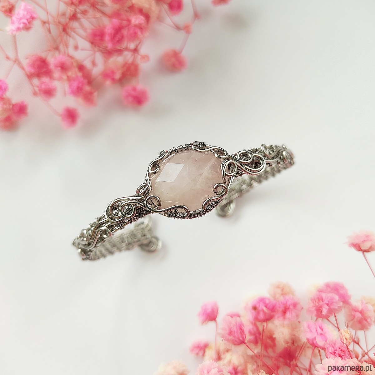 bransoletki wire wrapping Bransoletka Kwarc Różowy sztywna stal chirurgiczna handmade wirewrapping 2