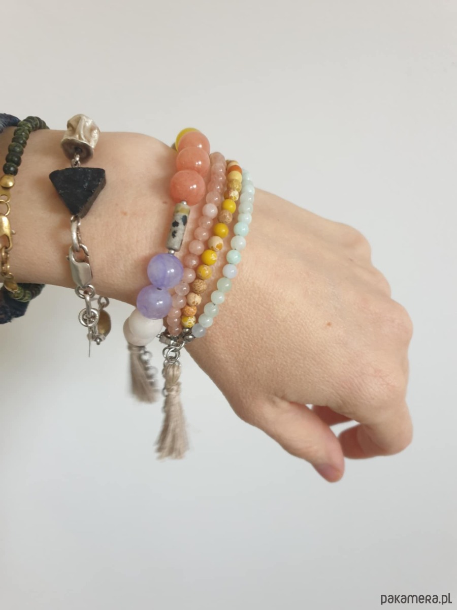 bransoletki z kamieni naturalnych Bransoletka TRIO BOHO ART jadeit, jaspis, kwarc, fiolet, pomarańcz,beż 3
