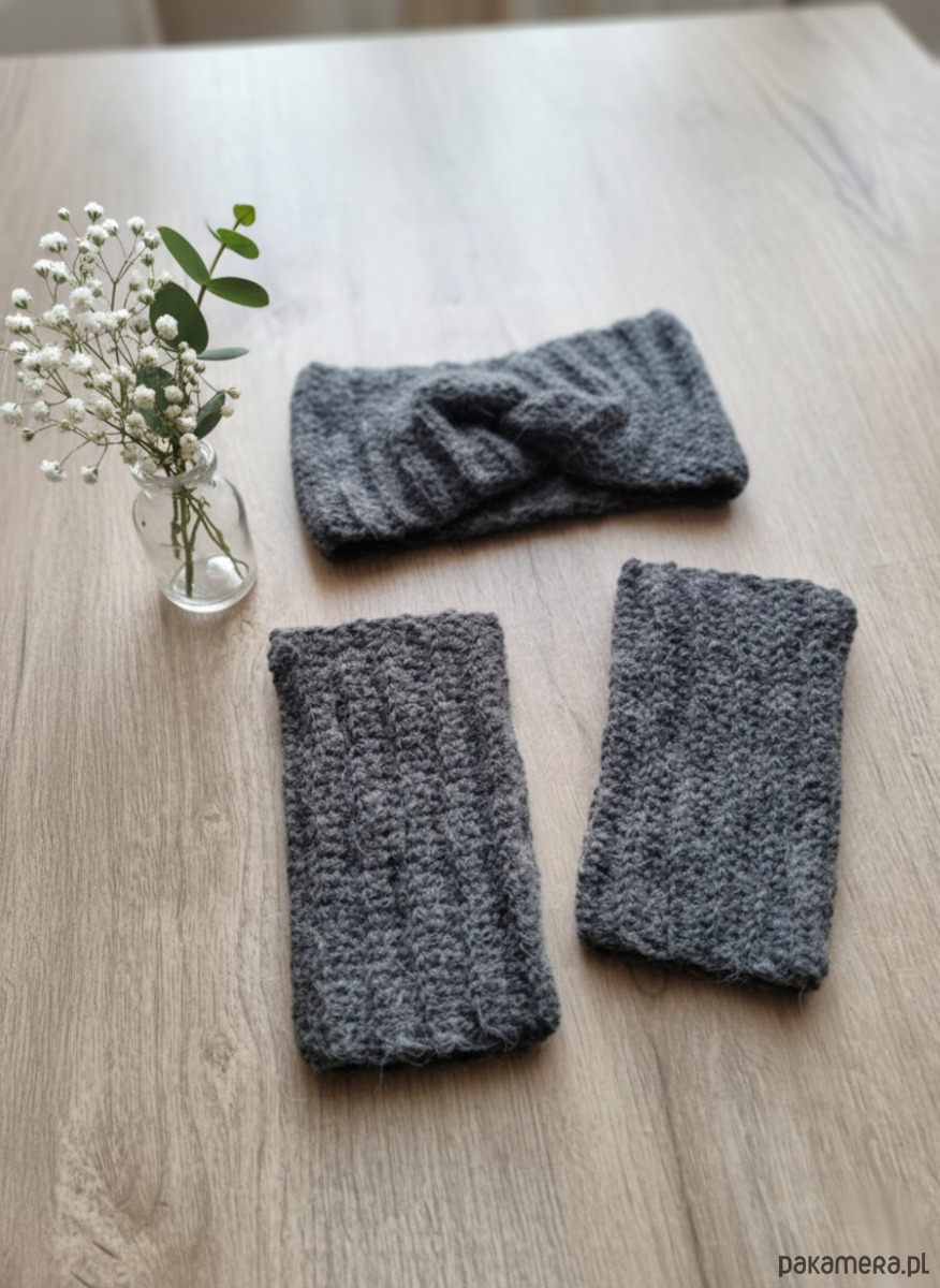 opaski do włosów Komplet opaska na głowę i mitenki na szydełku Om02 2