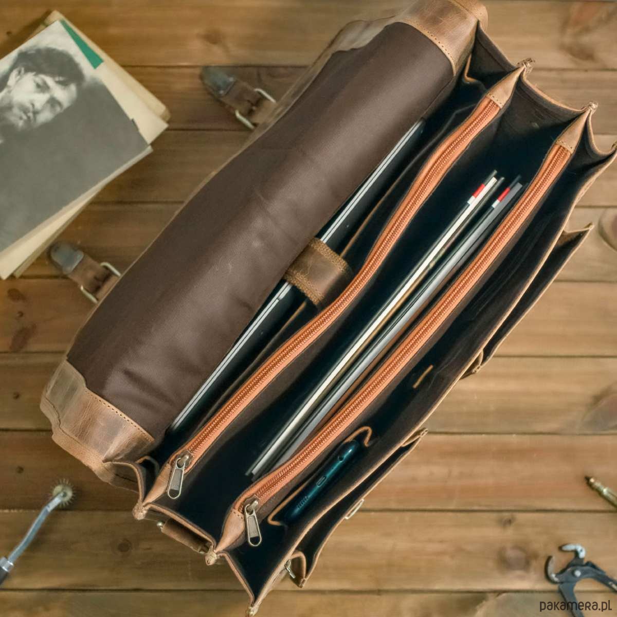 torby i nerki męskie Belveder Brązowa Torba do Pracy z kieszeniami Skóra Buffalo Vintage MB44 8