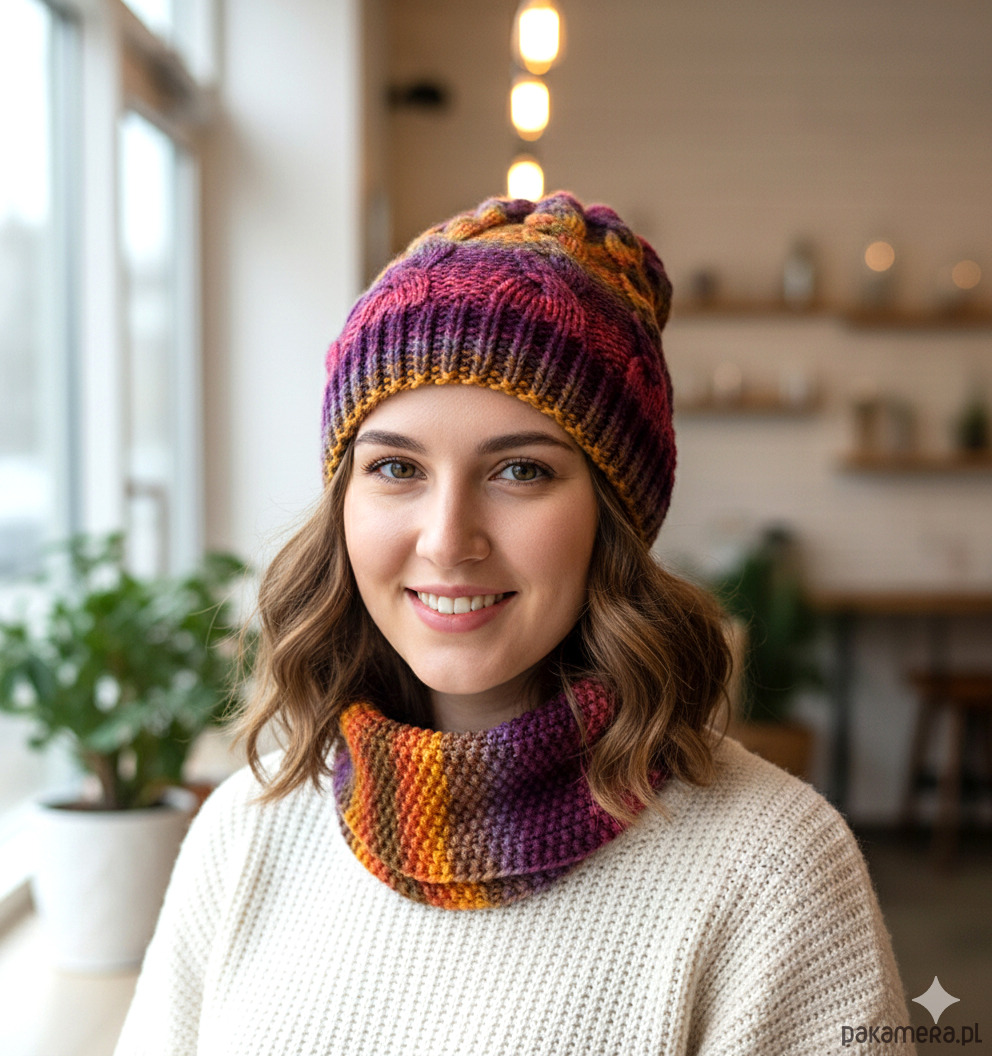 czapki damskie 6916 Dzianinowy Zestaw Winter Sunset: Czapka i Komin 6