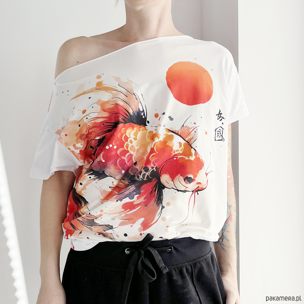 t-shirt damskie Koi pomarańczowy fullprint Biały Oversize 1