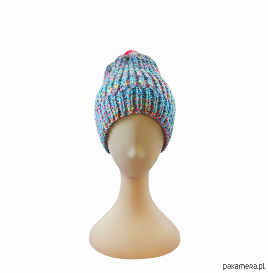 czapki damskie 6914 Wielokolorowa Czapka Zimowa z Neonowym Pomponem 6