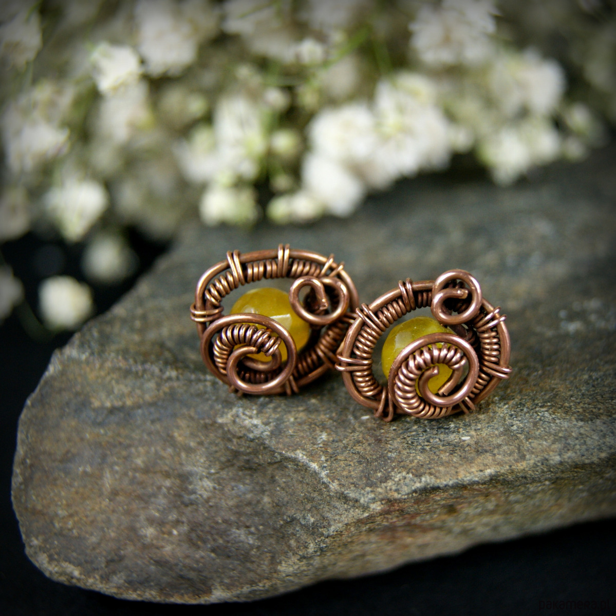 kolczyki wire wrapping Kolczyki sztyfty z żółtym jadeitem 6