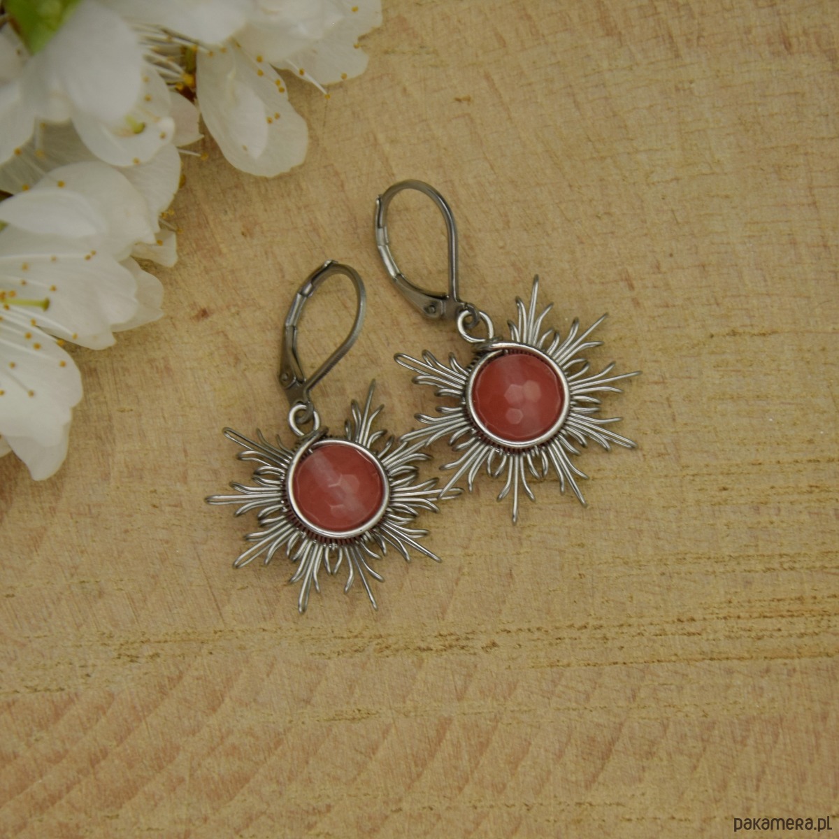 kolczyki wire wrapping Różowe kolczyki słońce kwarc malinowy wire wrapping słoneczka 1