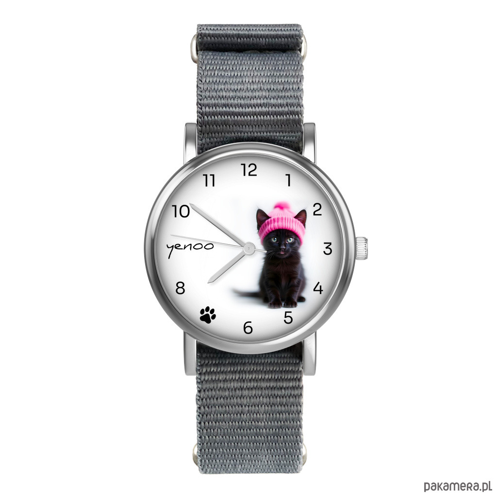 zegarki unisex Zestaw prezentowy - Czarny kotek - zegarek i brelok - nylonowy, szary 1