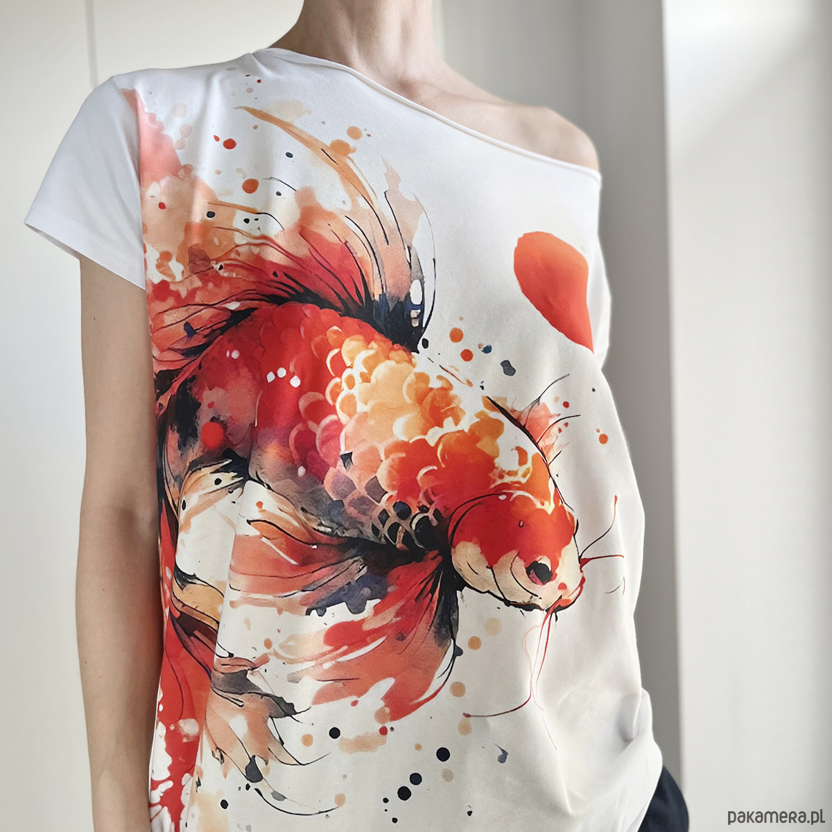 t-shirt damskie Koi pomarańczowy fullprint Biały Oversize 3