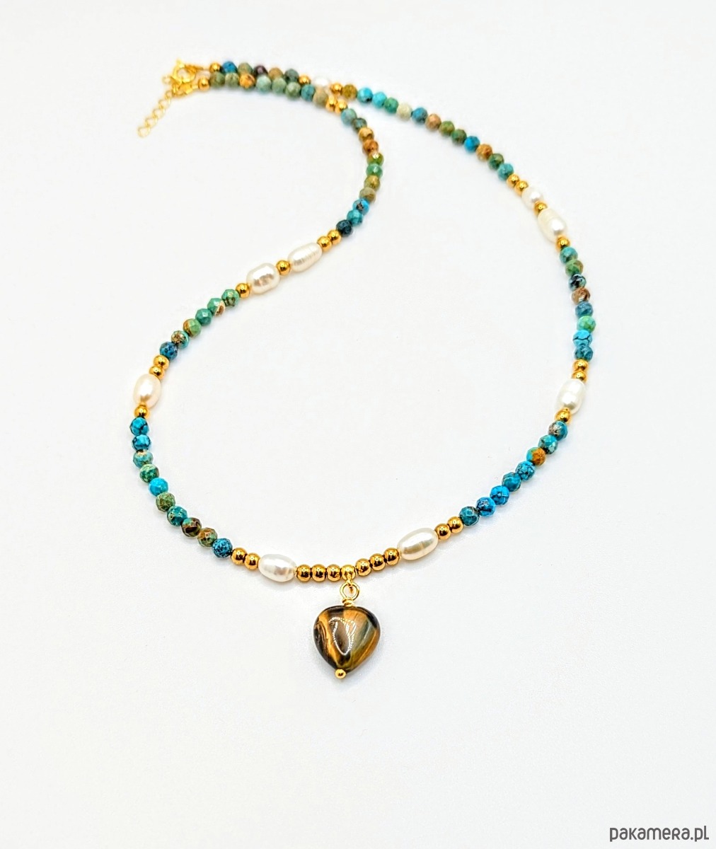 złote naszyjniki Naszyjnik z turkusów z serduszkiem z tygrysiego oka 2