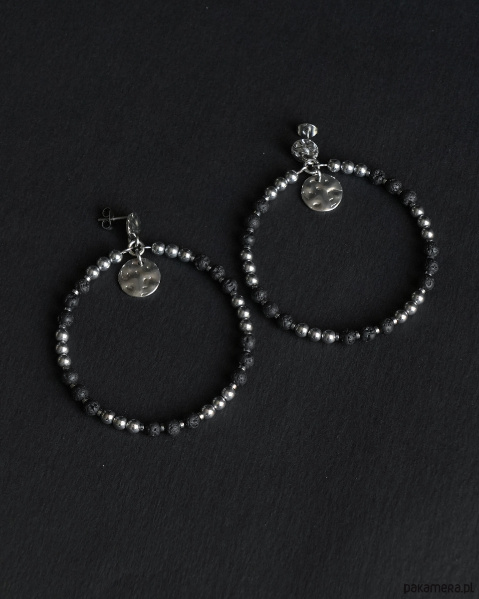 kolczyki z kamieniami Duże kolczyki koła z lawy wulkanicznej i hematytu 5