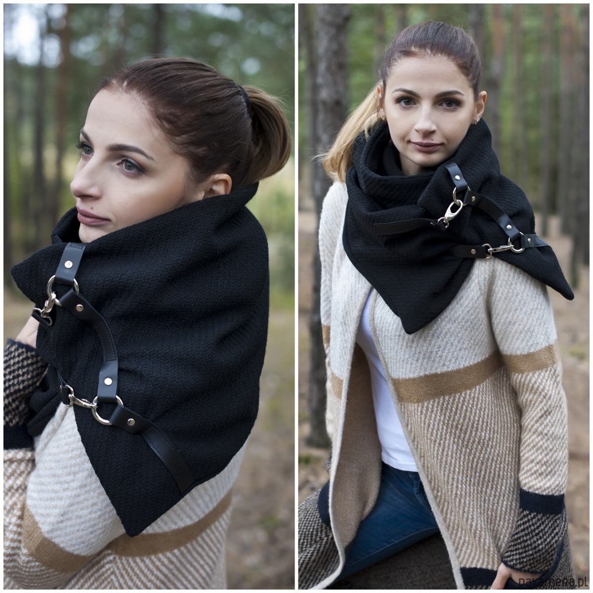 szale damskie Szal wełniany ze skórą, Unisex - Rockowy Czarny 1